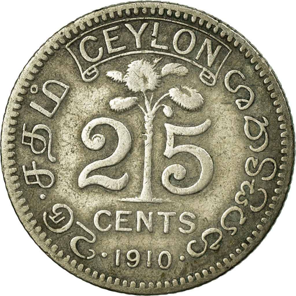 Coin, Ceylon, Edward VII, 25 Cents, 1910, EF(40-45), Silver, KM:98