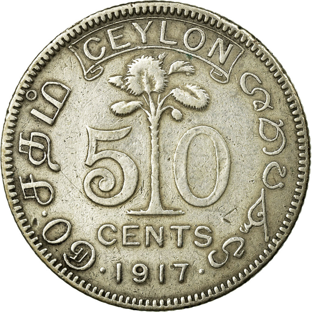 Coin, Ceylon, George V, 50 Cents, 1917, VF(30-35), Silver, KM:109