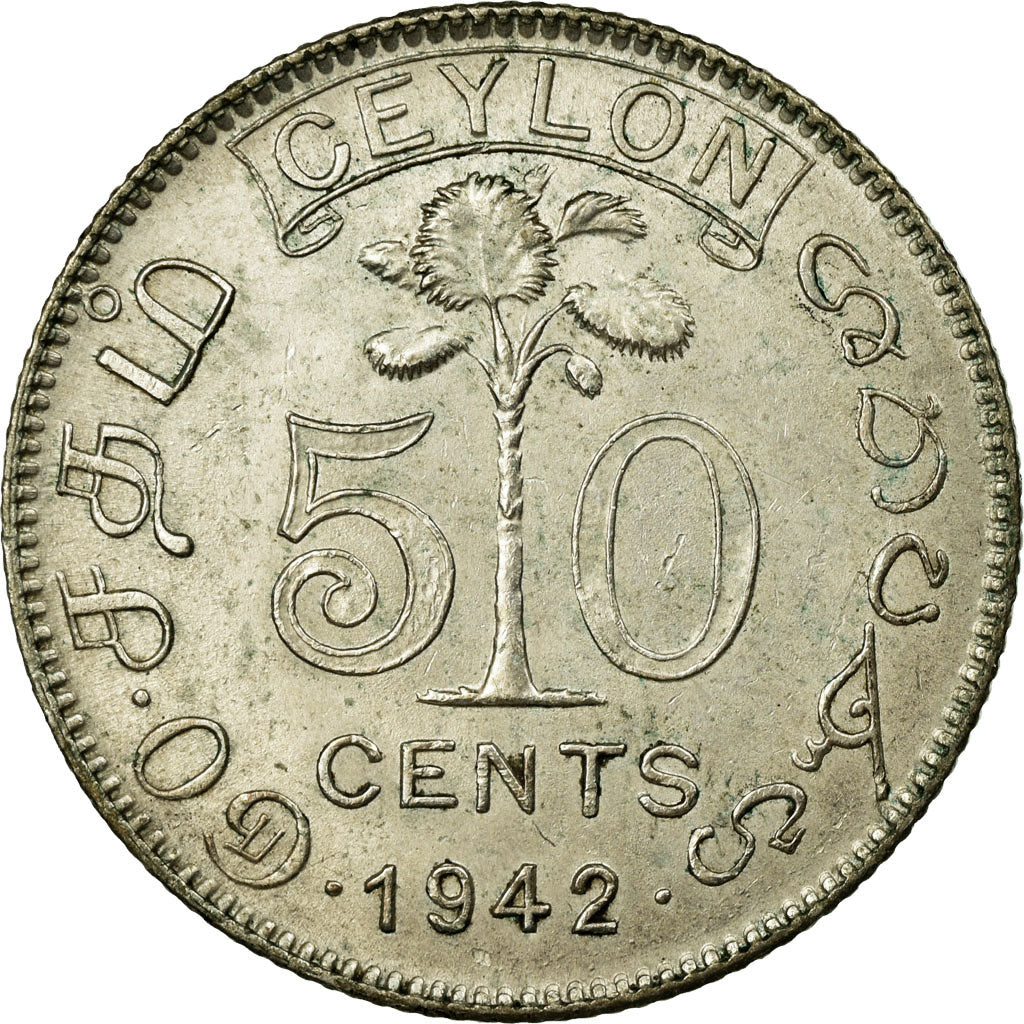 Coin, Ceylon, George VI, 50 Cents, 1947, EF(40-45), Silver, KM:114