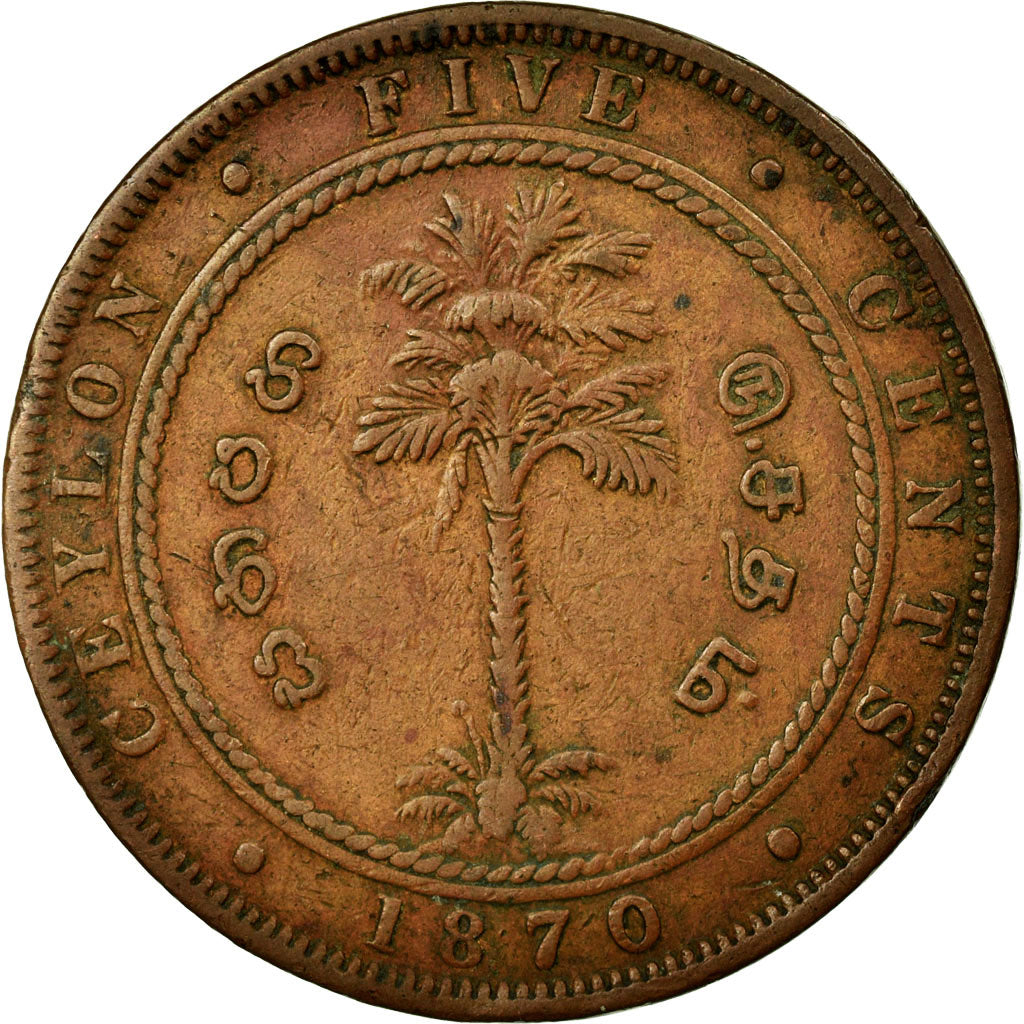 Coin, Ceylon, Victoria, 5 Cents, 1870, EF(40-45), Copper, KM:93
