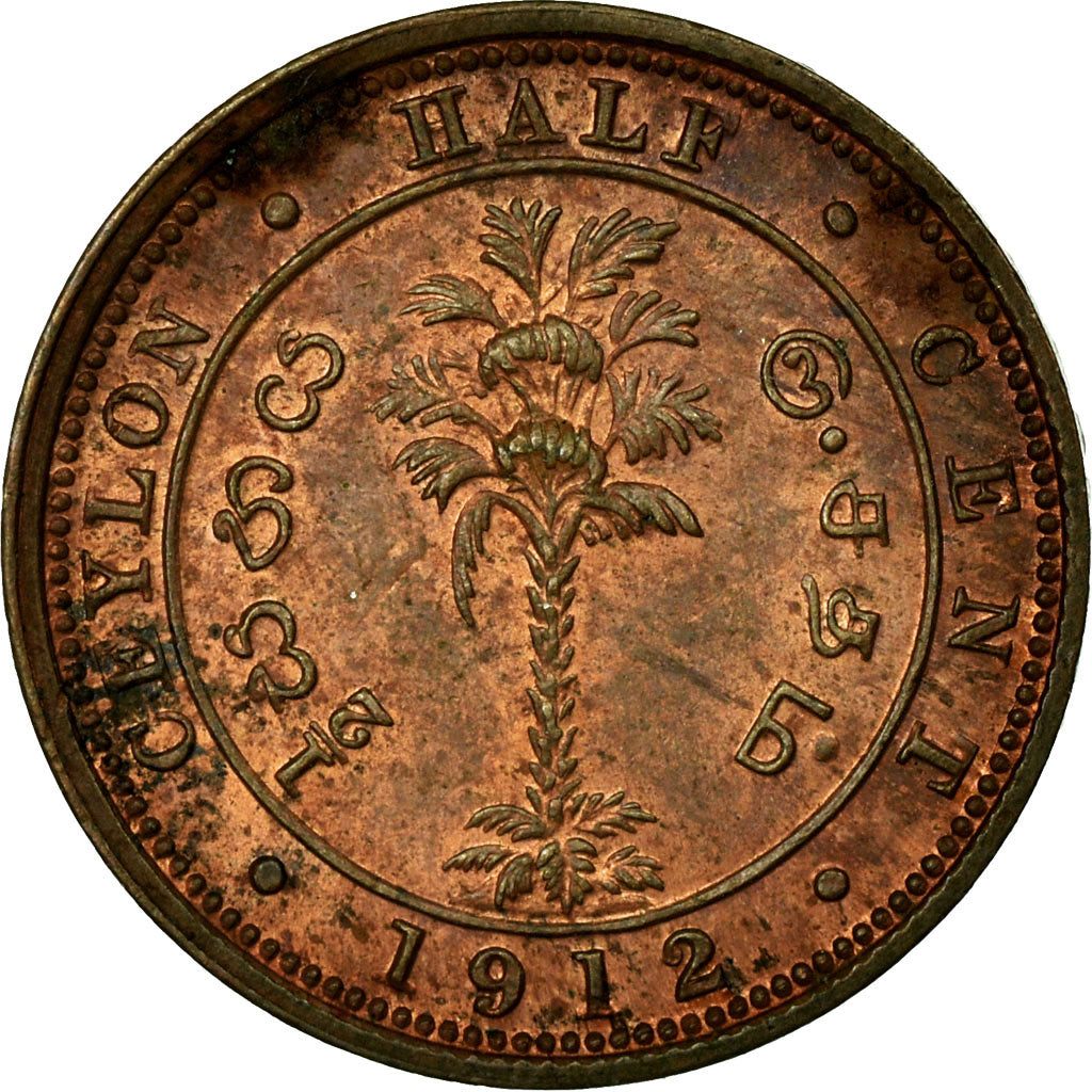 Coin, Ceylon, George V, 1/2 Cent, 1912, VF(30-35), Copper, KM:106