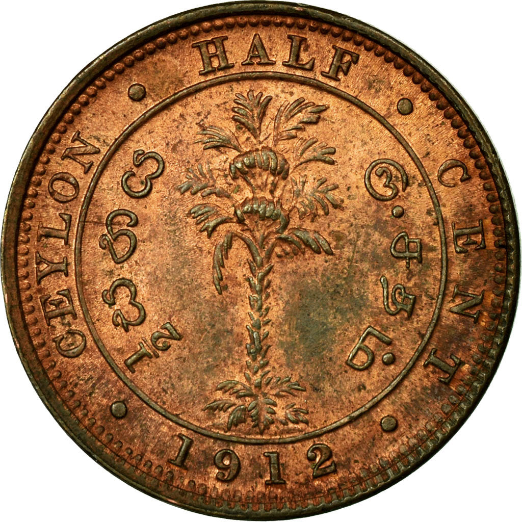 Coin, Ceylon, George V, 1/2 Cent, 1912, EF(40-45), Copper, KM:106