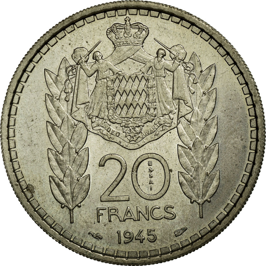Coin, Monaco, 20 Francs, 1945, Poissy, ESSAI, MS(63), Copper-nickel, KM:E20