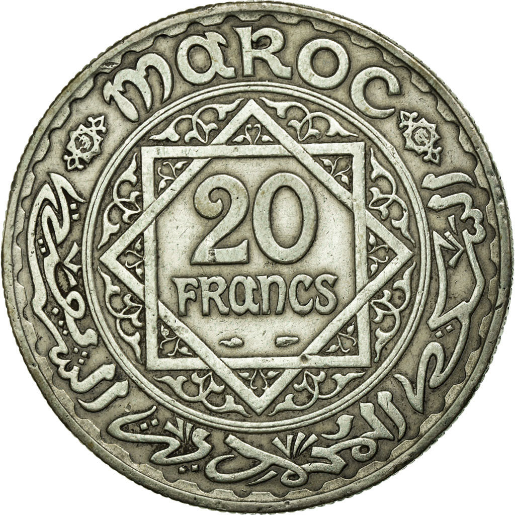 Coin, Morocco, Mohammed V, 20 Francs, 1928/AH1347, Paris, EF(40-45), Silver
