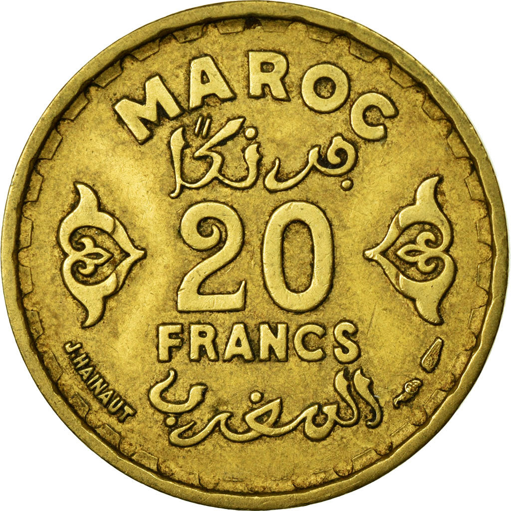 Moneda, Marruecos, Mohammed V, 20 Francs, 1951/AH1371, Paris, BC+, Aluminio -