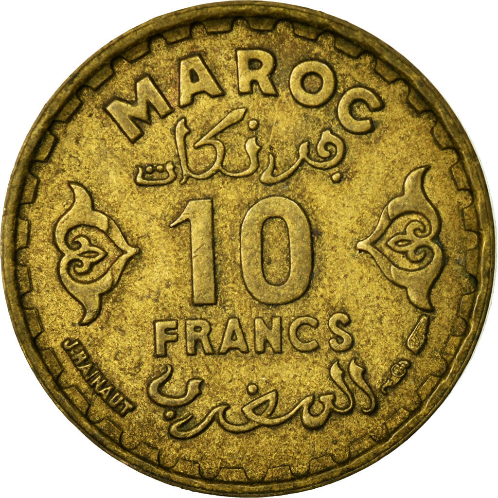 Moneda, Marruecos, Mohammed V, 10 Francs, 1951/AH1371, Paris, BC+, Aluminio -
