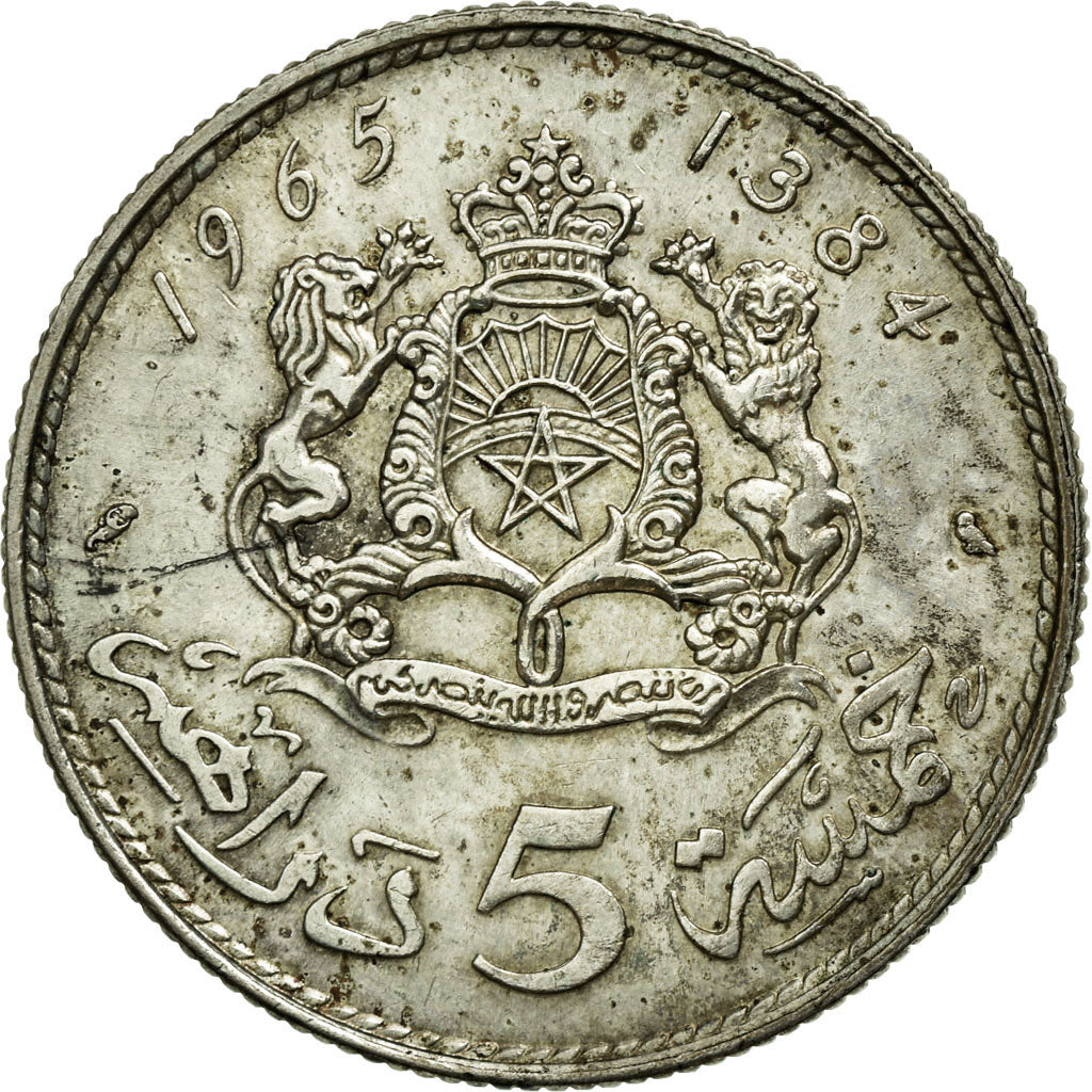 Coin, Morocco, al-Hassan II, 5 Dirhams, 1965/AH1384, Paris, EF(40-45), Silver