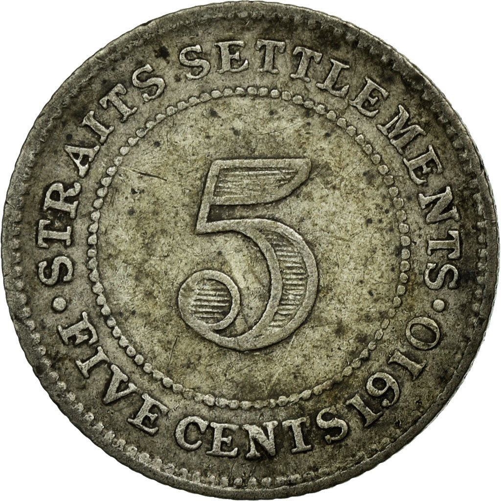 Monnaie, Straits Settlements, Edward VII, 5 Cents, 1910, Bombay, B+, Argent