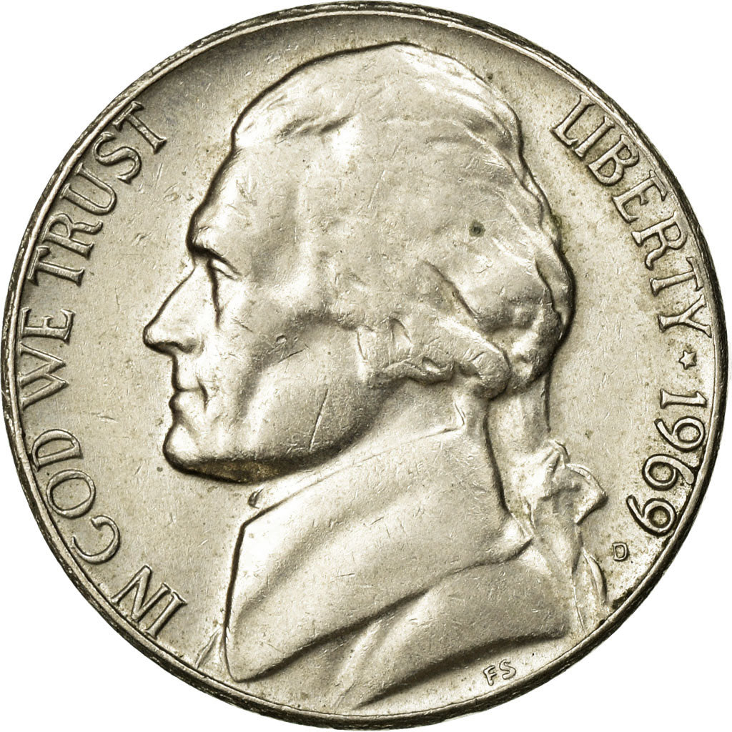 Coin, United States, Jefferson Nickel, 5 Cents, 1969, U.S. Mint, Denver