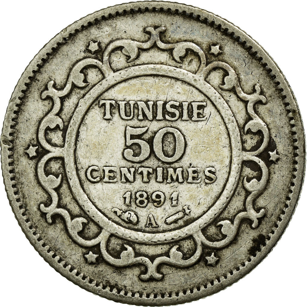 Coin, Tunisia, Ali Bey, 50 Centimes, 1891, Paris, VF(30-35), Silver, KM:223