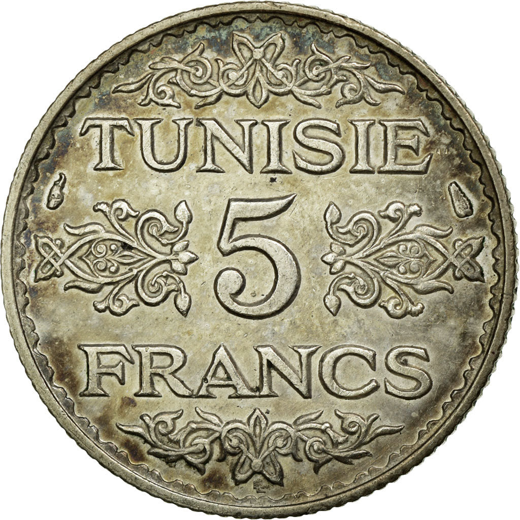 Moneta, Tunisia, Ahmad Pasha Bey, 5 Francs, 1936/AH1355, Paris, BB, Argento
