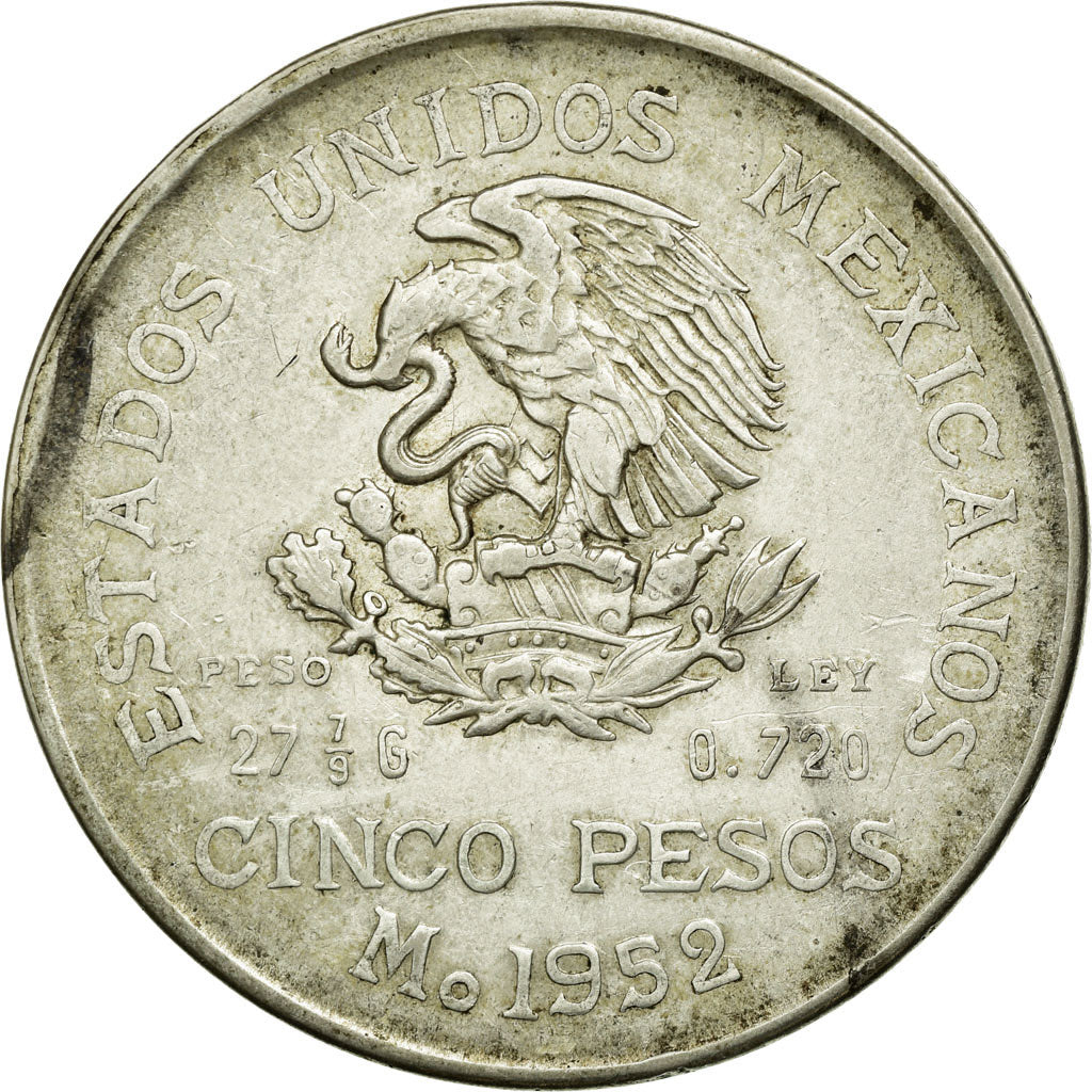 Coin, Mexico, 5 Pesos, 1952, Mexico City, EF(40-45), Silver, KM:467