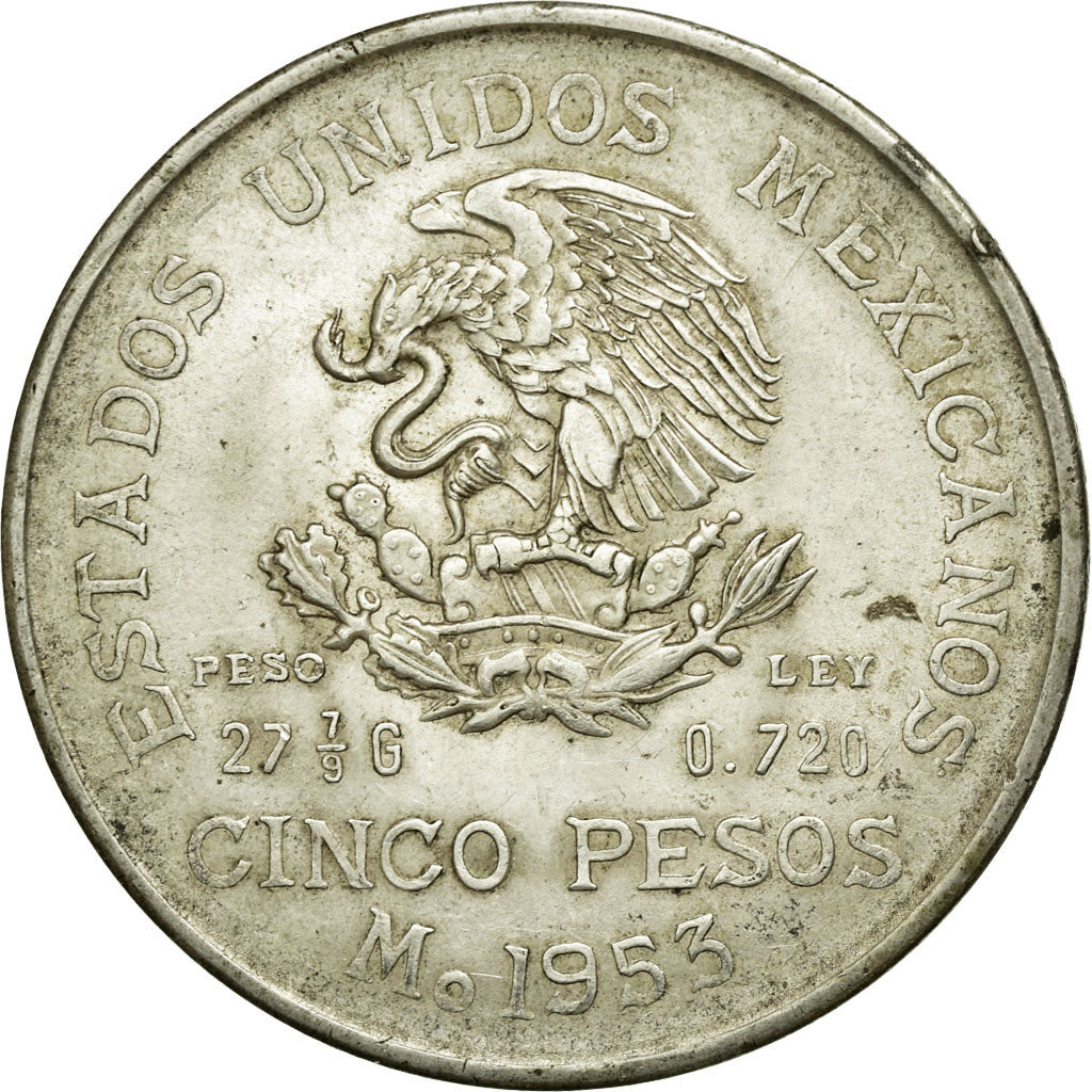 Moneta, Mexico, 5 Pesos, 1953, Mexico City, EF(40-45), Srebro, KM:467