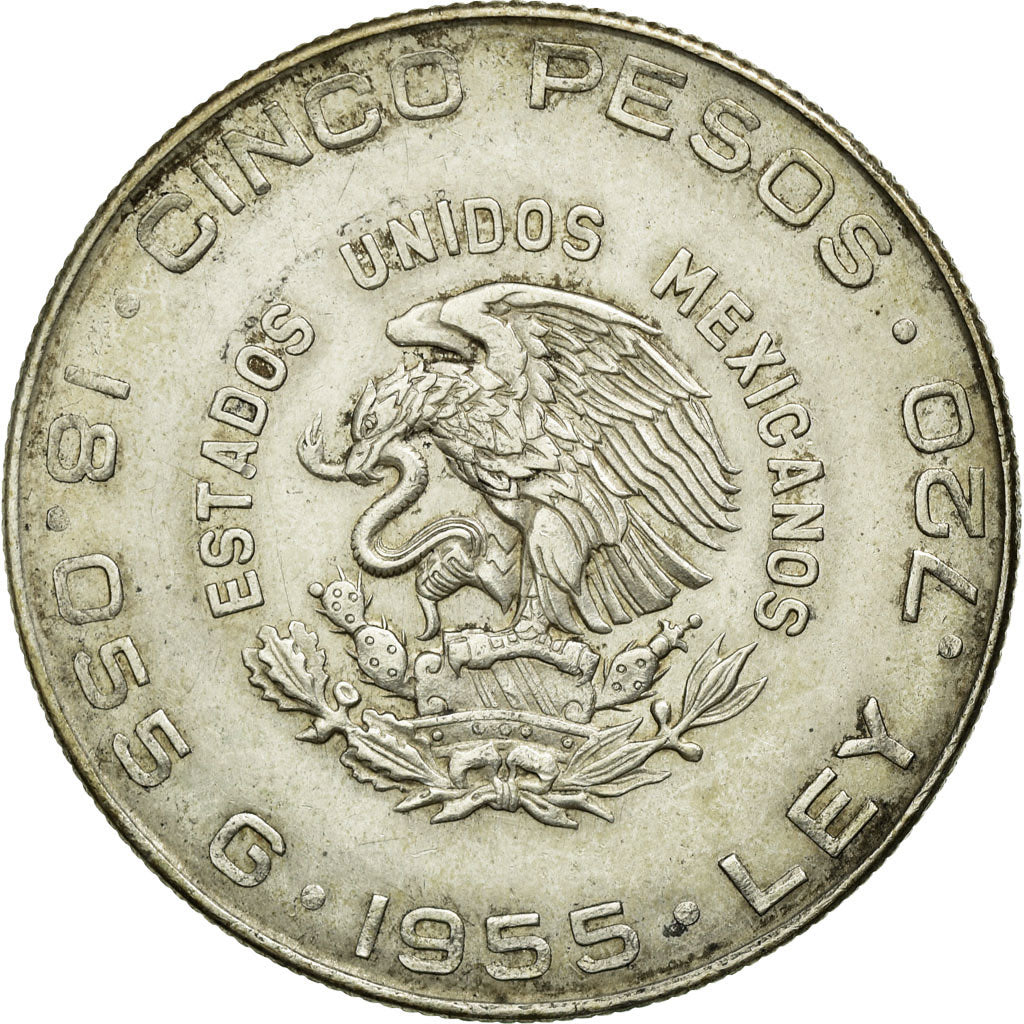 Moneta, Messico, 5 Pesos, 1955, Mexico City, BB, Argento, KM:469