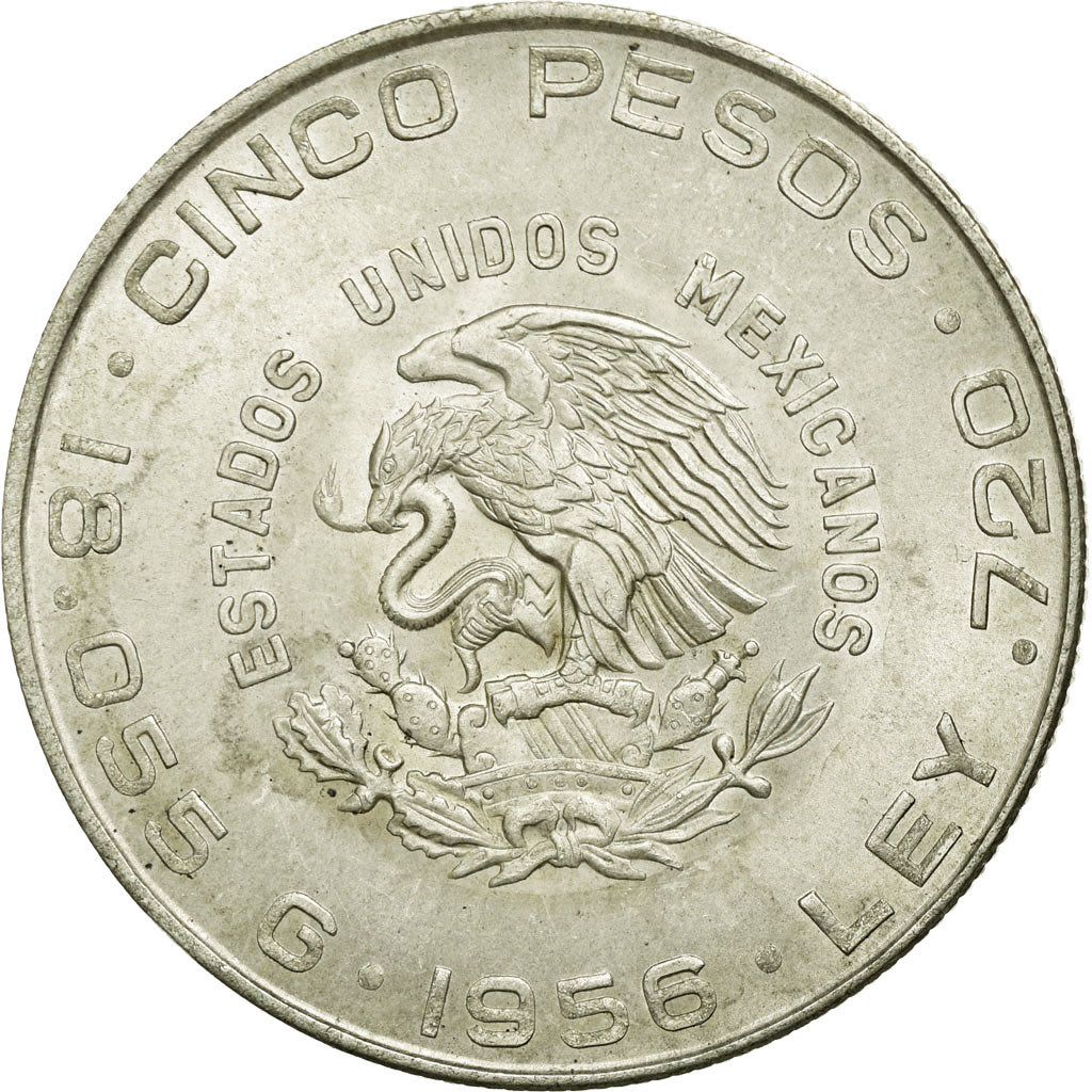 Moneda, México, 5 Pesos, 1956, Mexico City, MBC, Plata, KM:469