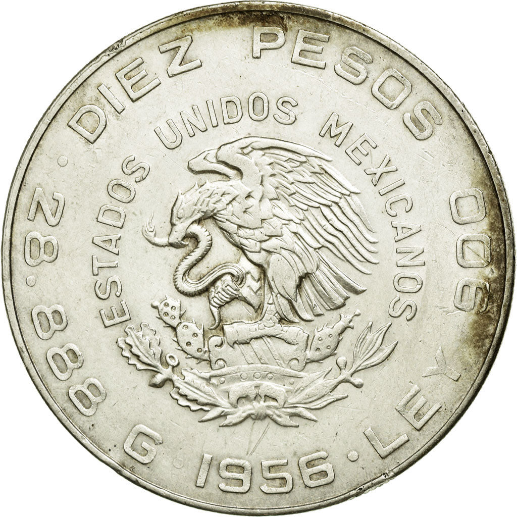 Moneda, México, 10 Pesos, 1956, Mexico City, MBC, Plata, KM:474