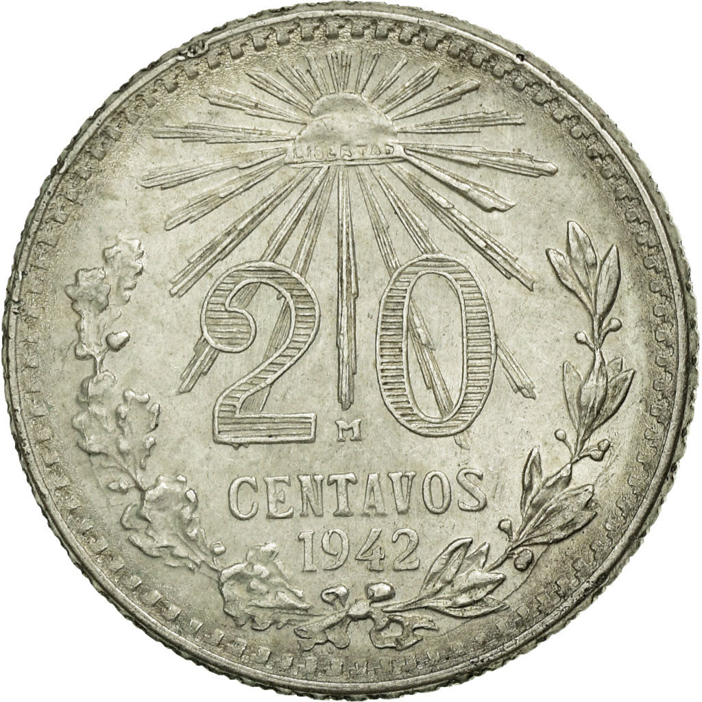 Coin, Mexico, 20 Centavos, 1942, Mexico City, EF(40-45), Silver, KM:438