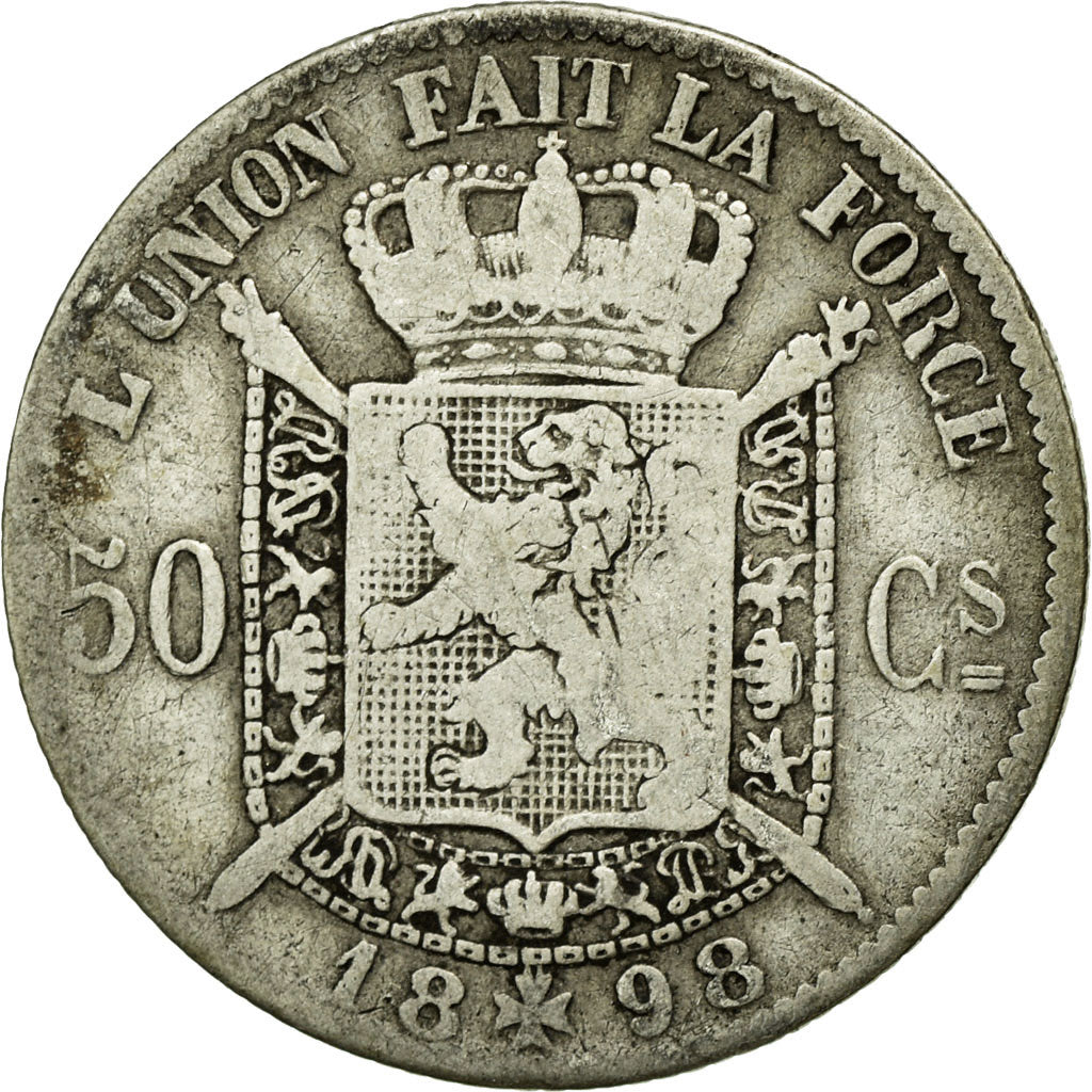 Moneda, Bélgica, Leopold II, 50 Centimes, 1898, BC+, Plata, KM:26