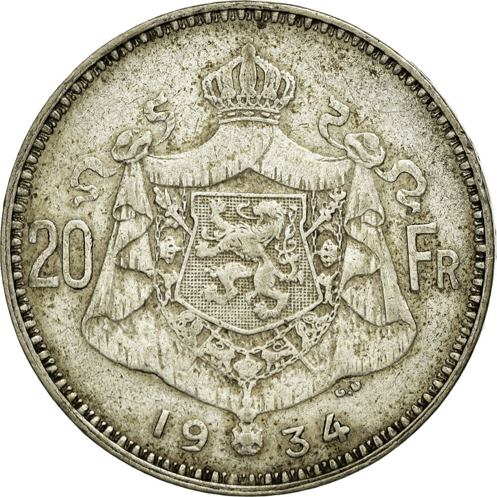 Coin, Belgium, 20 Francs, 20 Frank, 1934, VF(30-35), Silver, KM:103.1