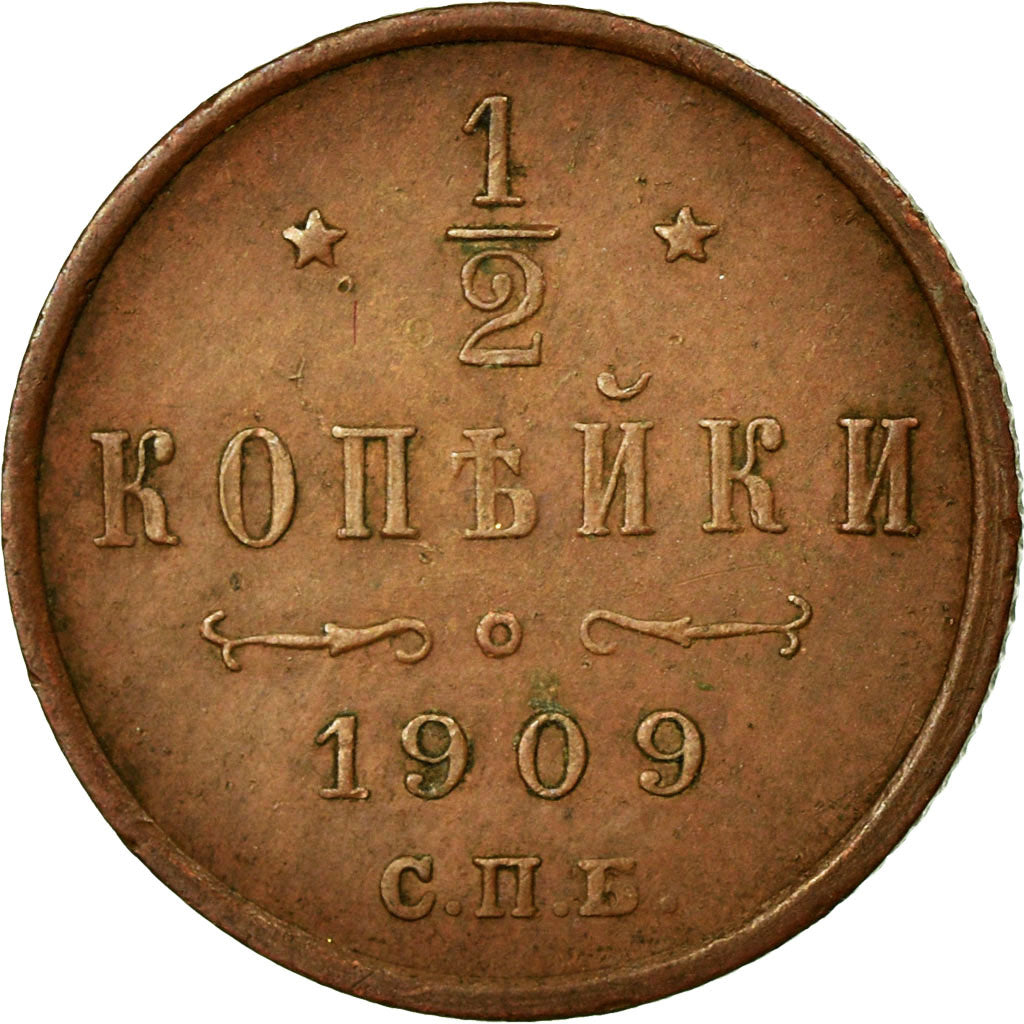 Moneda, Rusia, Nicholas II, 1/2 Kopek, 1909, Saint-Petersburg, MBC, Cobre