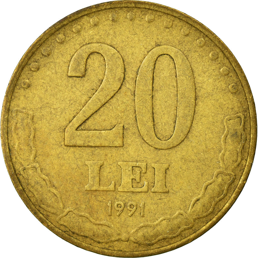 Coin, Romania, 20 Lei, 1991, VF(30-35), Brass Clad Steel, KM:109