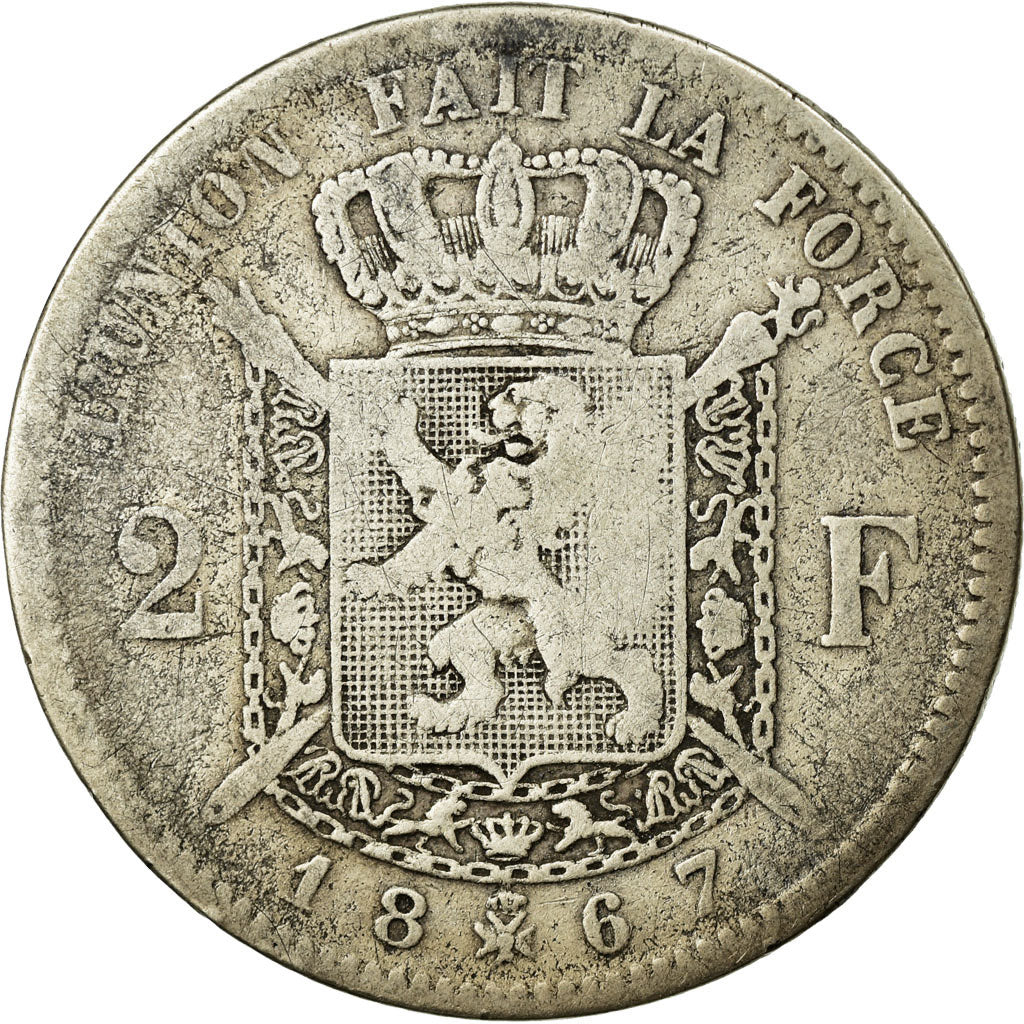 Moneta, Belgio, Leopold II, 2 Francs, 2 Frank, 1867, B+, Argento, KM:30.2