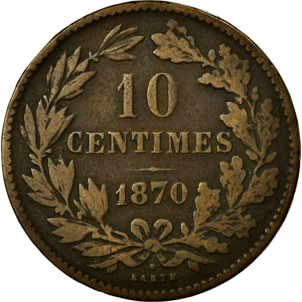 Coin, Luxembourg, William III, 10 Centimes, 1870, Utrecht, VF(30-35), Bronze