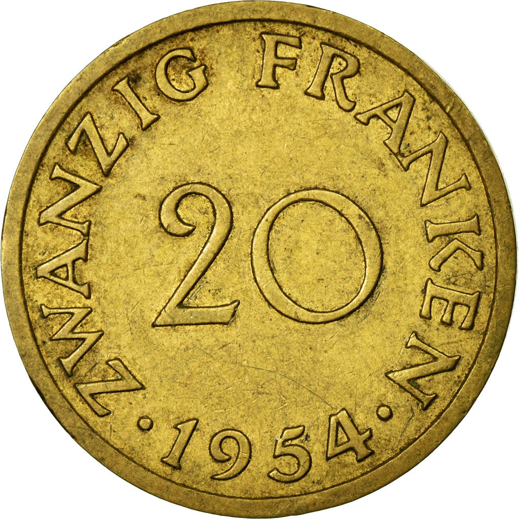 Coin, SAARLAND, 20 Franken, 1954, Paris, VF(30-35), Aluminum-Bronze, KM:2