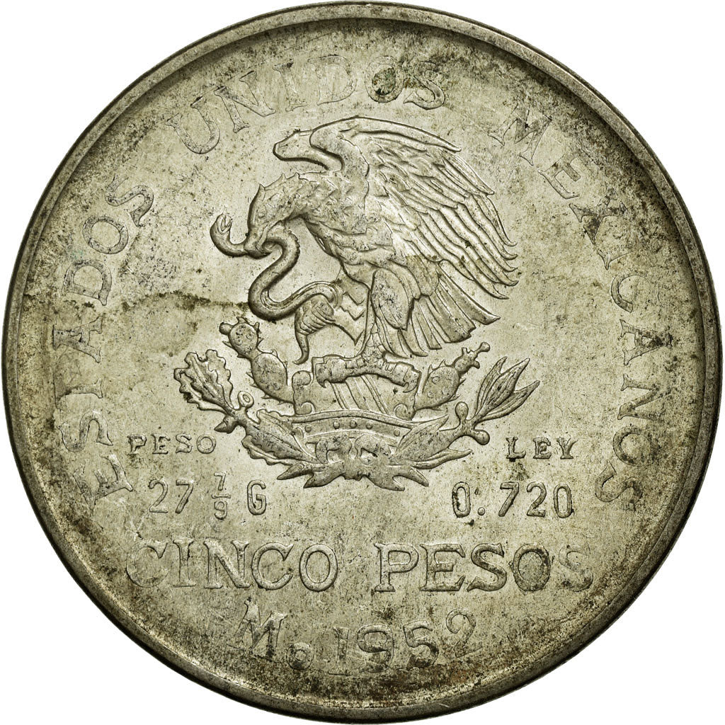 Coin, Mexico, 5 Pesos, 1952, Mexico City, VF(30-35), Silver, KM:467