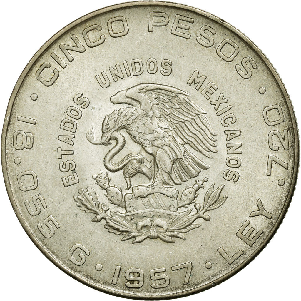 Coin, Mexico, 5 Pesos, 1957, Mexico City, EF(40-45), Silver, KM:469