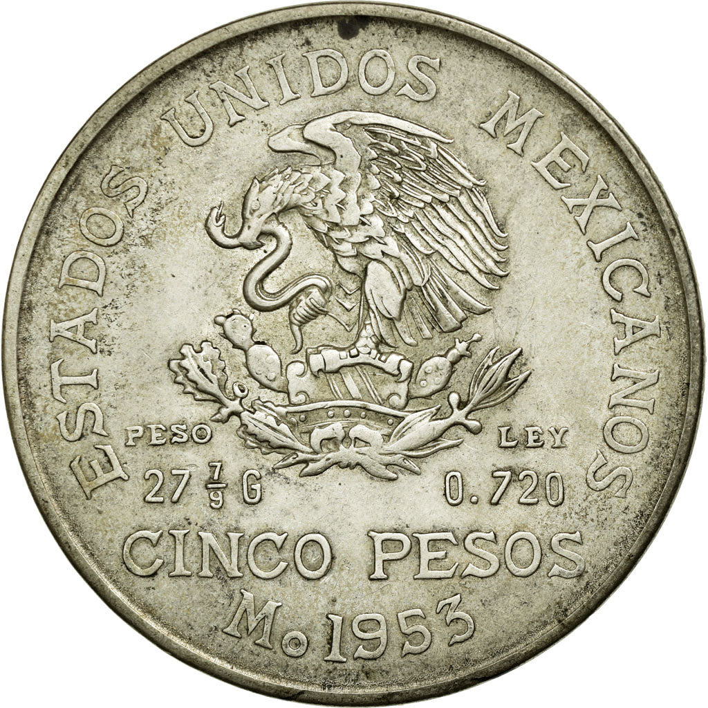 Coin, Mexico, 5 Pesos, 1953, Mexico City, EF(40-45), Silver, KM:467