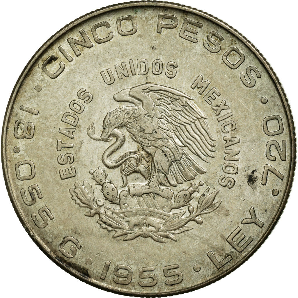 Coin, Mexico, 5 Pesos, 1955, Mexico City, EF(40-45), Silver, KM:469