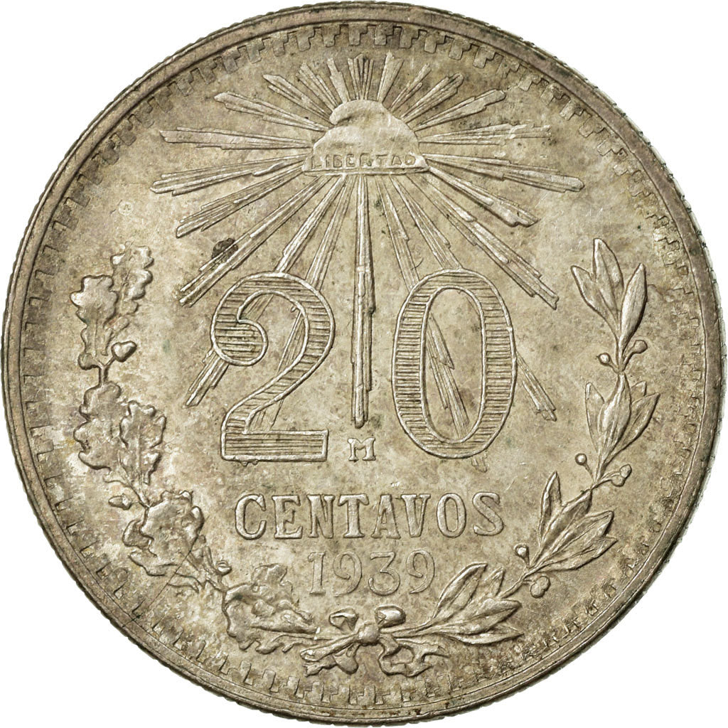 Moneda, México, 20 Centavos, 1939, Mexico City, BC+, Plata, KM:438