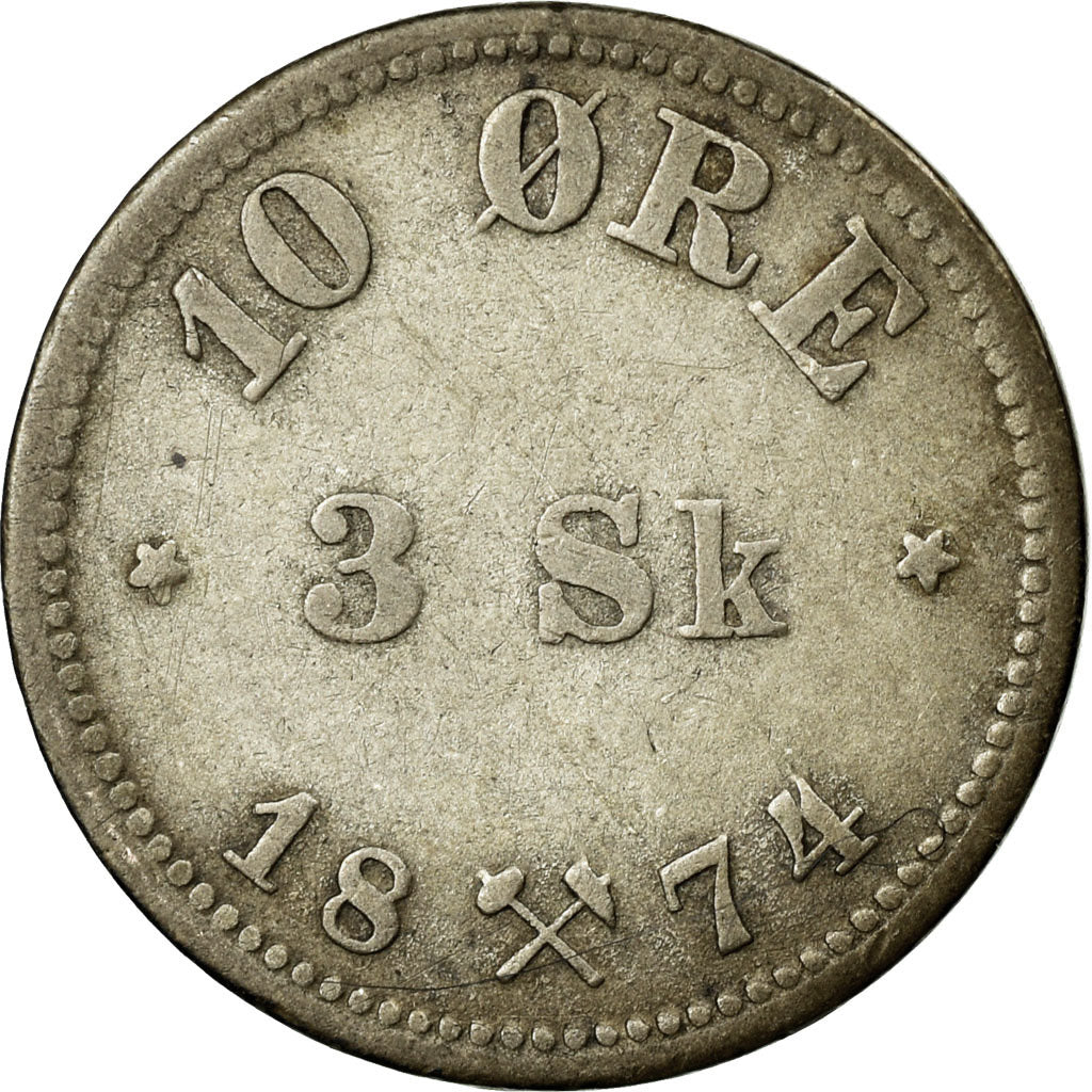 Coin, Norway, 10 Öre, 1874, EF(40-45), Silver, KM:345