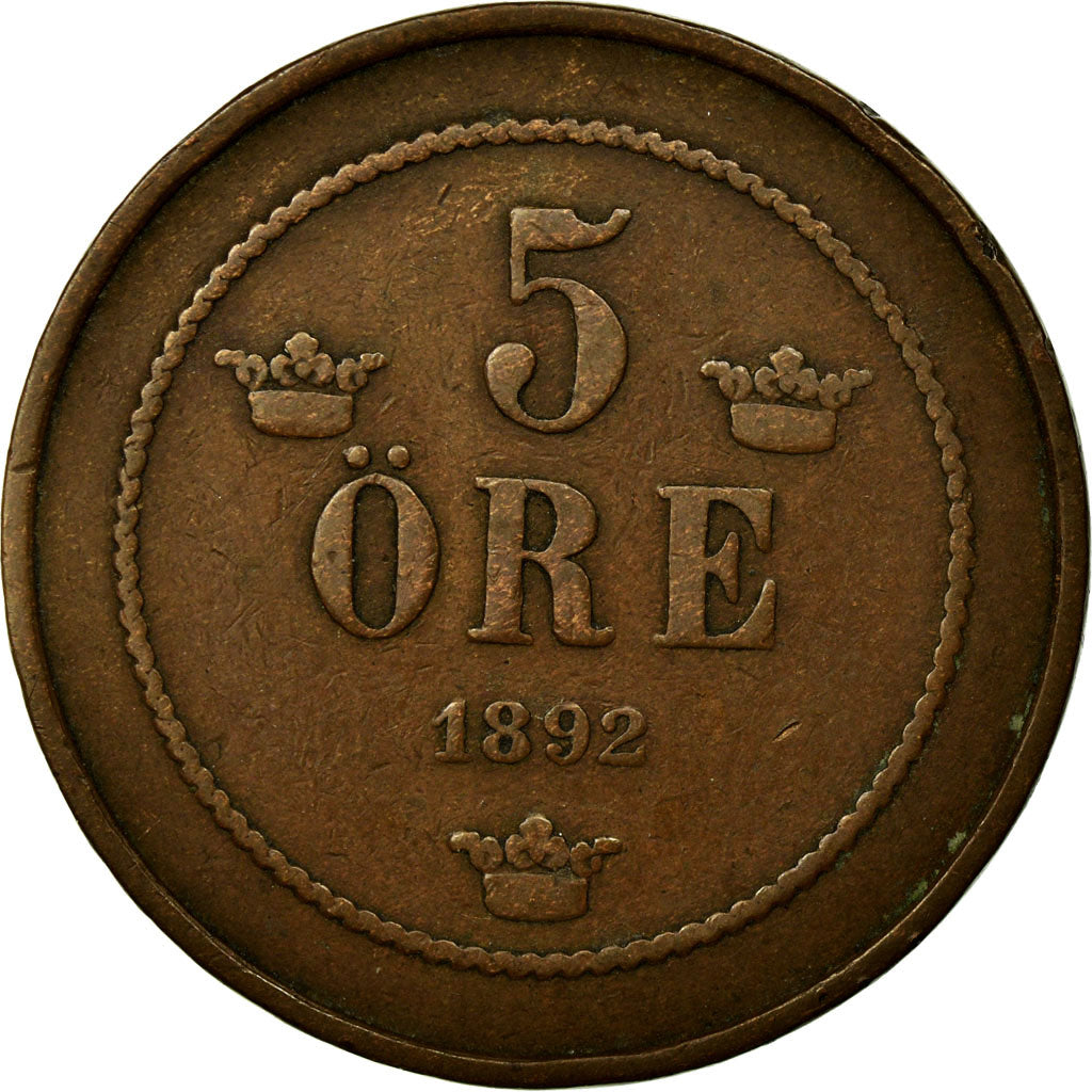 Coin, Sweden, Oscar II, 5 Öre, 1892, EF(40-45), Bronze, KM:757