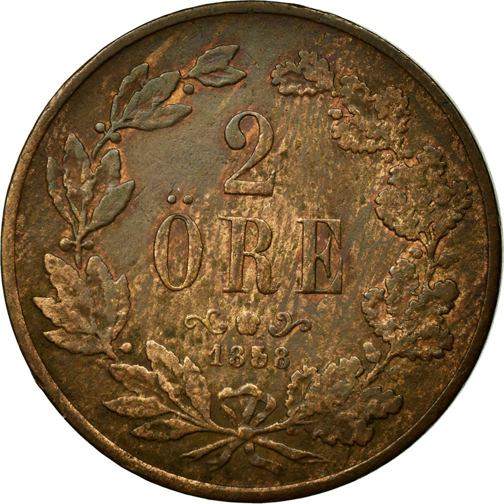 Coin, Sweden, Oscar I, 2 Öre, 1858, VF(30-35), Bronze, KM:688