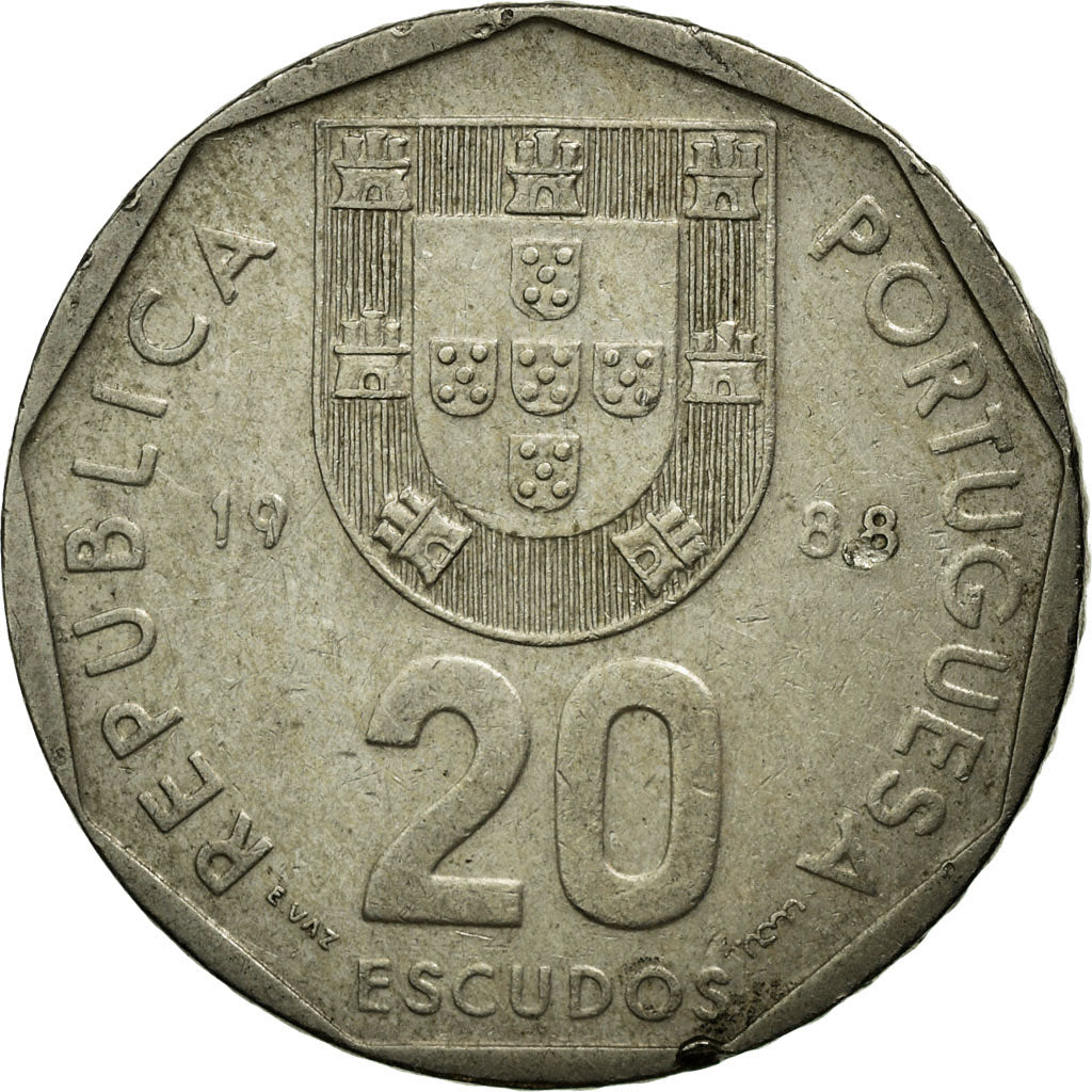 Moneda, Portugal, 20 Escudos, 1988, Lisbon, BC+, Cobre - níquel, KM:634.1