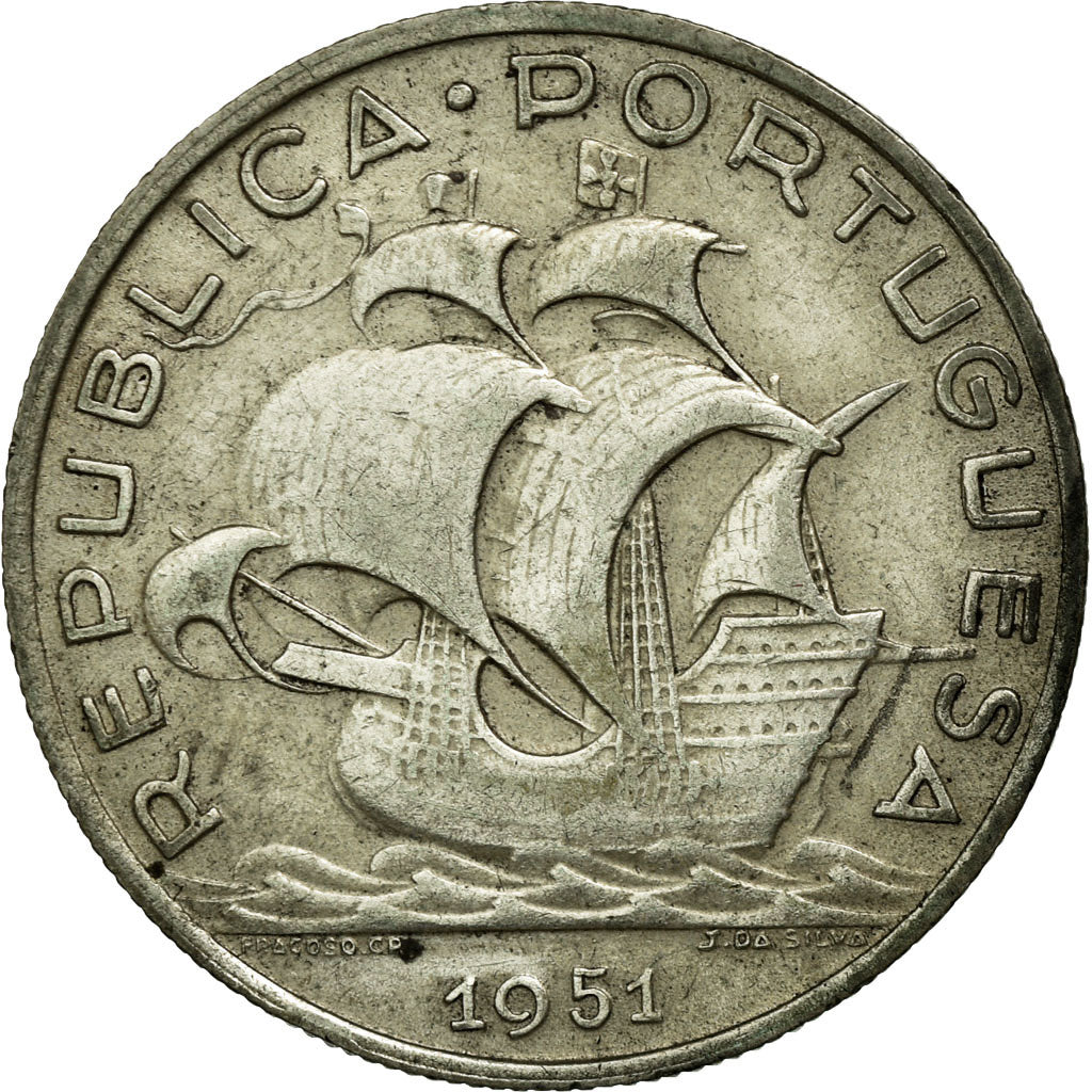 Coin, Portugal, 5 Escudos, 1951, VF(30-35), Silver, KM:581