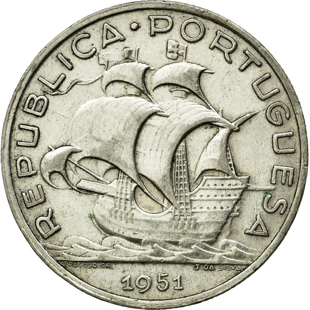 Coin, Portugal, 5 Escudos, 1951, EF(40-45), Silver, KM:581