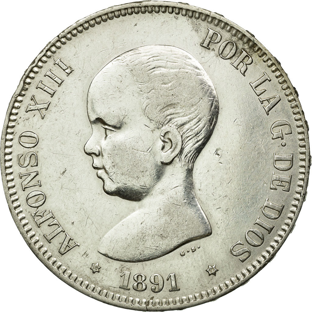 Coin, Spain, Alfonso XIII, 5 Pesetas, 1891, Madrid, EF(40-45), Silver, KM:689