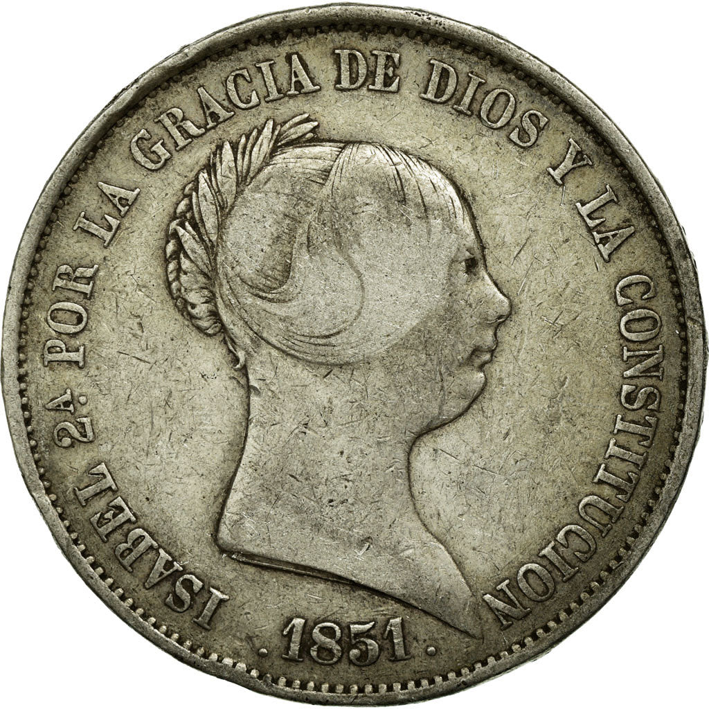 Moneda, España, Isabel II, 20 Réales, 1851, Madrid, BC+, Plata, KM:593.2