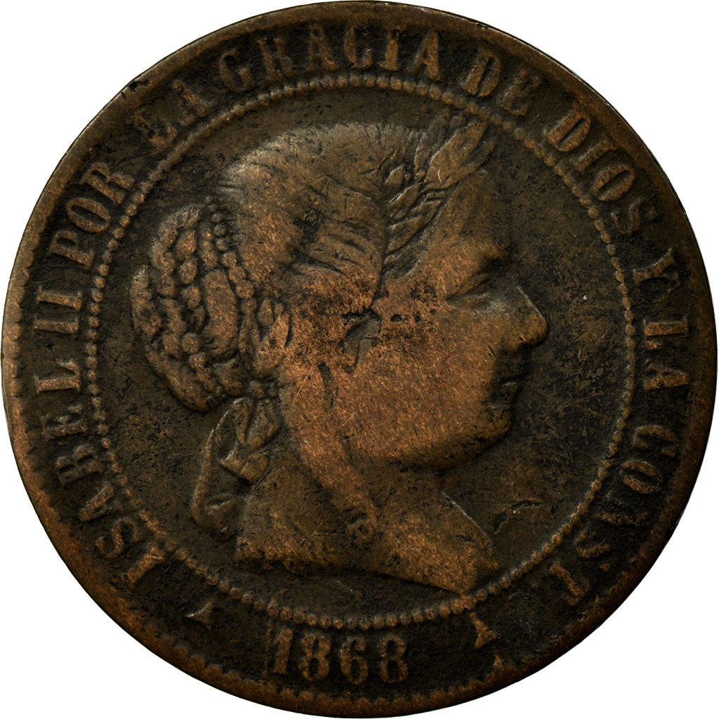 Moneda, España, Isabel II, 2-1/2 Centimos, 1868, Madrid, BC+, Cobre, KM:634.4