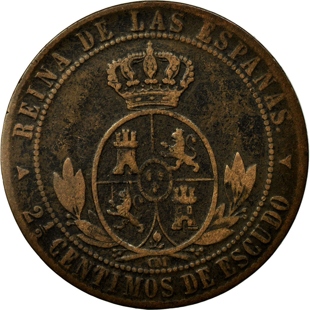 Moneda, España, Isabel II, 2-1/2 Centimos, 1868, Madrid, BC+, Cobre, KM:634.4