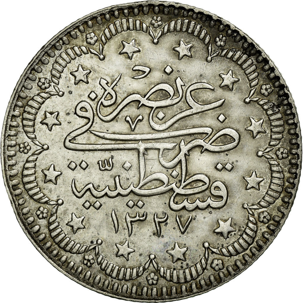 Coin, Turkey, Muhammad V, 5 Kurush, 1909 (AH 1327/1), Qustantiniyah, EF(40-45)