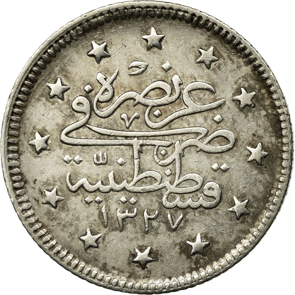 Coin, Turkey, Muhammad V, 2 Kurush, 1910 (AH 1327/2), Qustantiniyah, EF(40-45)