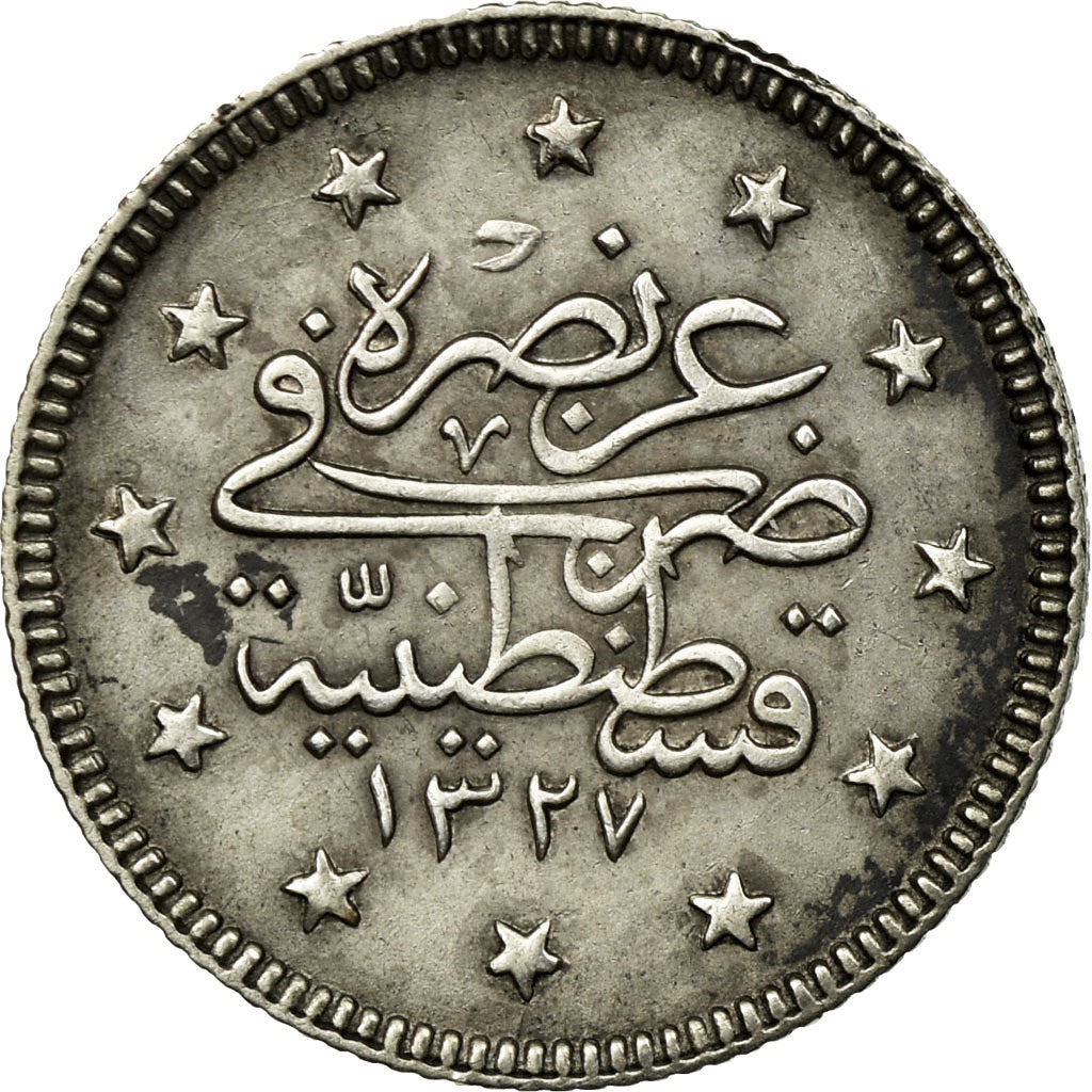 Coin, Turkey, Muhammad V, 2 Kurush, 1909 (AH 1327/1), Qustantiniyah, EF(40-45)