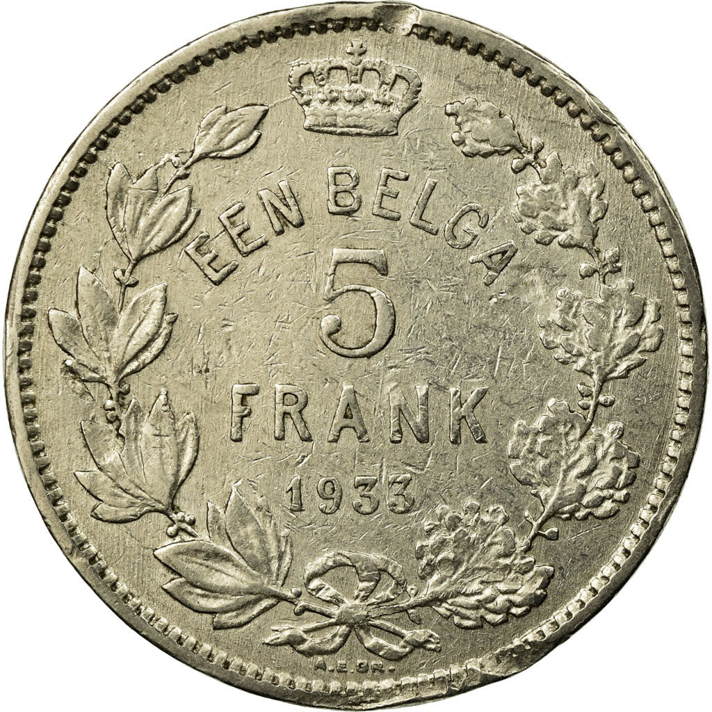 Monnaie, Belgique, 5 Francs, 5 Frank, 1933, TB, Nickel, KM:98