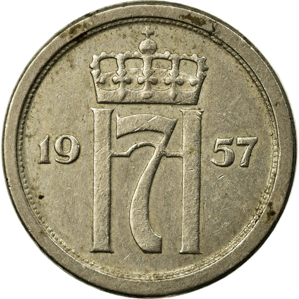 Moneta, Norvegia, Haakon VII, 10 Öre, 1957, MB+, Rame-nichel, KM:396