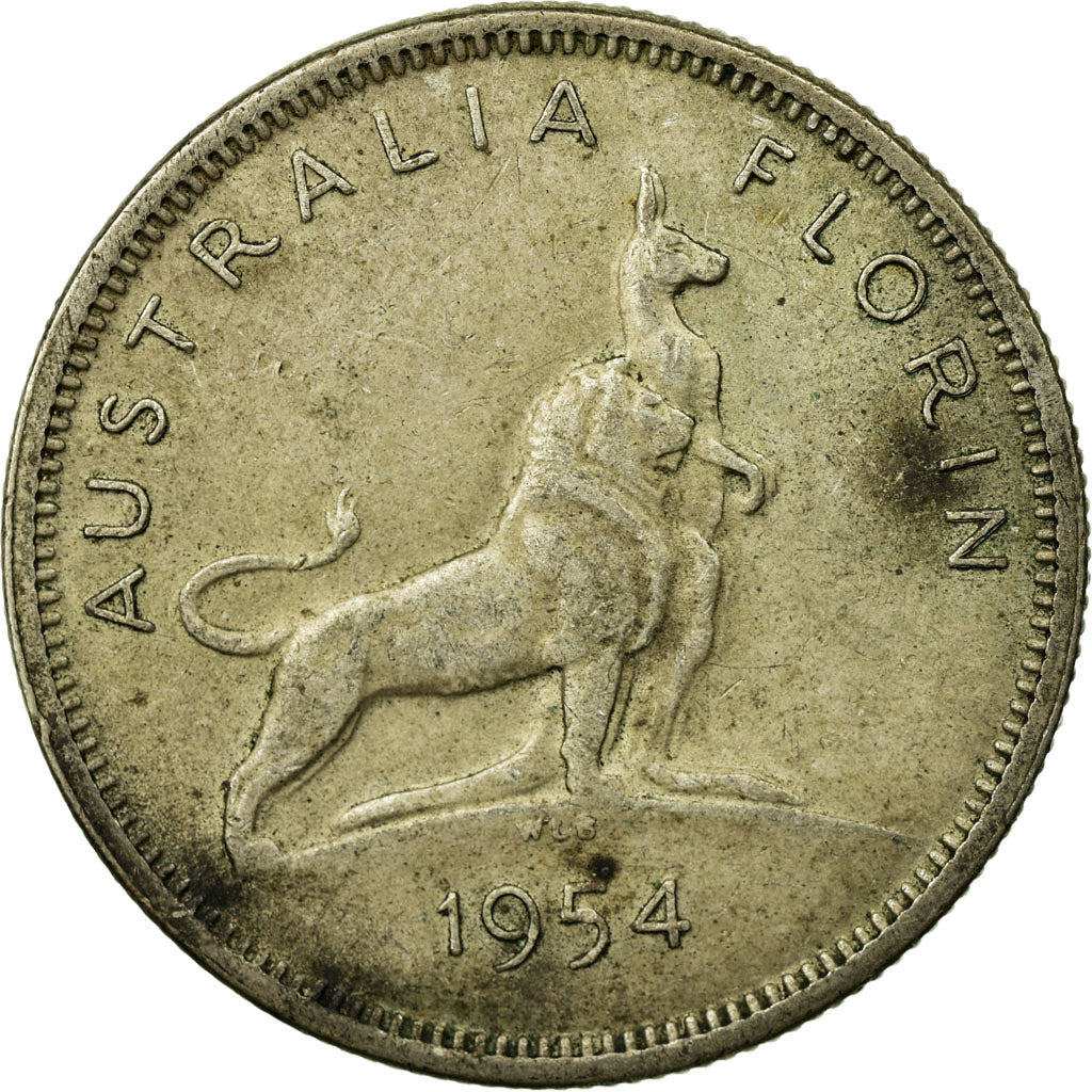 Moneda, Australia, Elizabeth II, Florin, 1954, Melbourne, BC+, Plata, KM:55