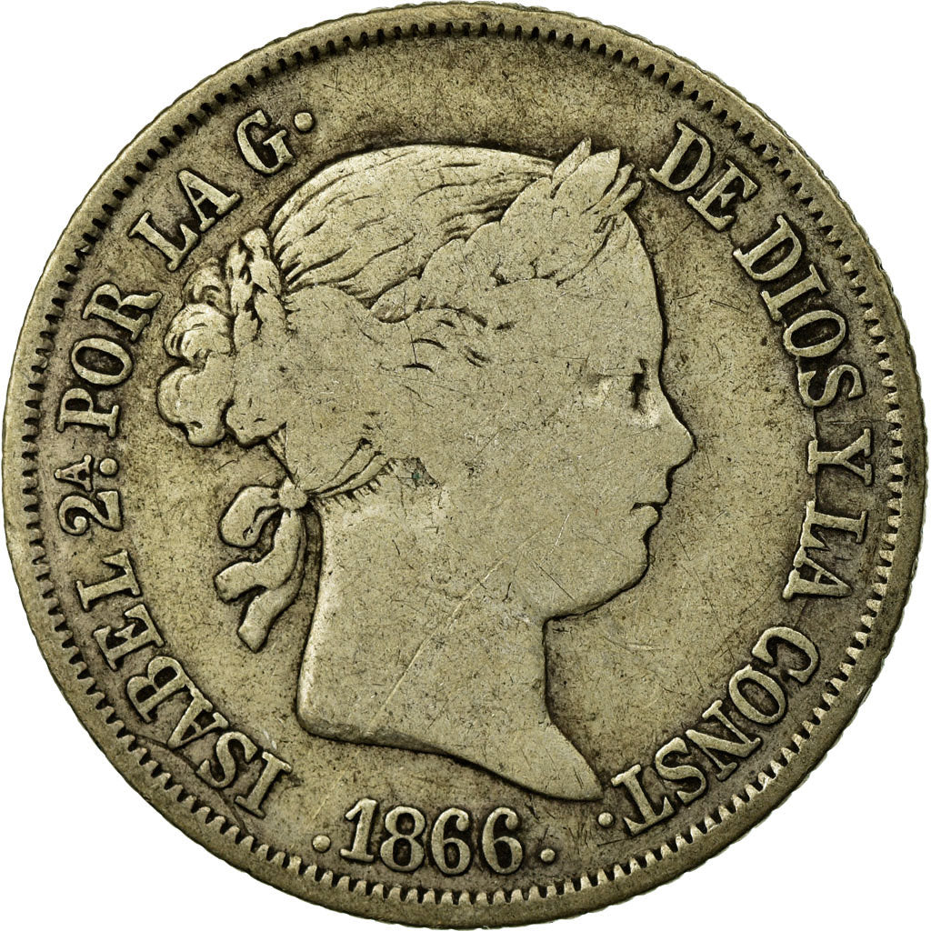 Coin, Spain, Isabel II, 40 Centimos, 1866, Madrid, VF(20-25), Silver, KM:628.2